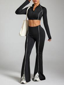 Eassivo Slim Fit Cropped Jacket & Flare Pants Sportswear Set - Multicolor - View 3