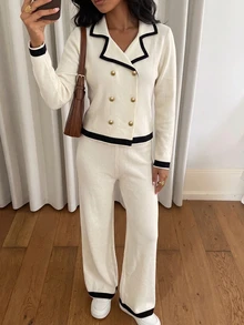 Modelyn Women's Cardigan & Wide Leg Pants 2 Pieces Set, Elegant Autumn/Winter Sweater White Casual - White - View 5