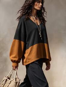 Chiquease Women's Fashion Casual Colorblock Long Sleeve Sweatshirt - Black - View 4