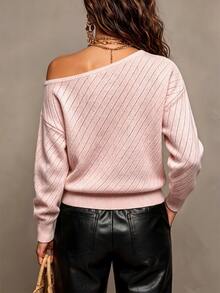 SHEIN Asymmetrical Single Shoulder Knit Pullover | Cream Loose Drop Shoulder Sweater For Fall Winter - Baby Pink - View 2