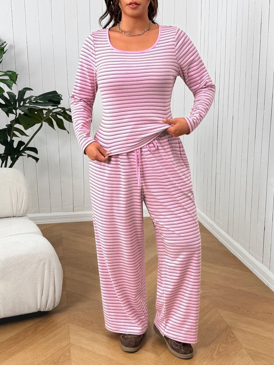 SHEIN EZwear 大尺碼秋季休閒條紋上衣與長褲兩件套 - 彩色 - 查看 1