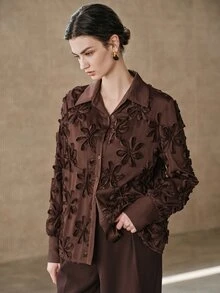 Anewsta New Versatile Fashion Modern Embroidered Design Commuter Women's Blouse - Coffee Brown - View 4
