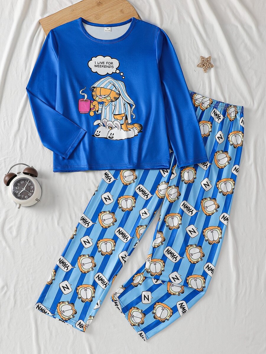 GARFIELD | SHEIN Tween Boy Fashionable Cute Cartoon Print Long Sleeve Long Pants Loungewear Set - Blue - View 1