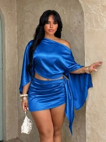 Rustia Plus Size Elegant Vintage French Style Vacation Party Cocktail Sexy One-Shoulder Satin Ruffle Midi Bodycon Skirt, Champagne Color Women's Top + Skirt 2 Pieces Set - Blue - View 4