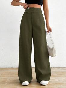 SHEIN Holidaya 女款休閒通勤不對稱腰寬腿長褲 - 軍綠色 - 查看 6
