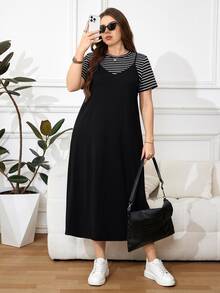 Easowa Curve Set 2 Potong Kaos Bergaris dan Gaun Cami Ukuran Plus - MultiWarna - View 9