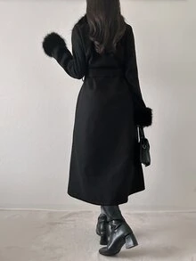 FRIFUL Women's Solid Color Lapel Neck Patchwork Faux Fur Cuff Elegant Overcoat - Black - View 4