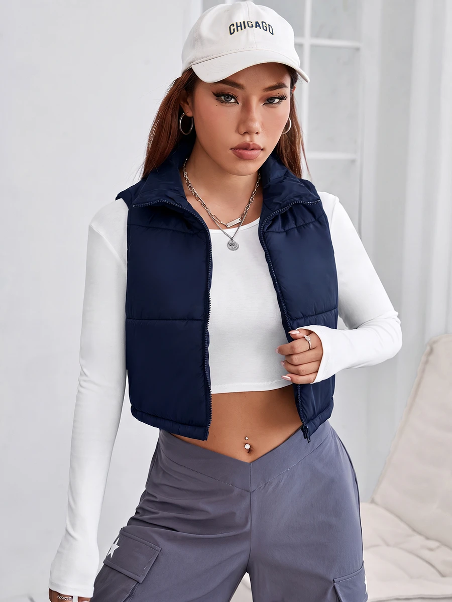 SHEIN PETITE 秋冬款拉鍊短版填充背心外套 - 藏蓝色 - 查看 1
