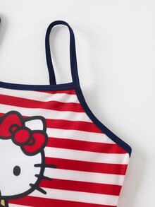 HELLO KITTY AND FRIENDS | SHEIN Tween Girl Striped Casual One-Piece Swimsuit For Beach Vacation - Red - View 6