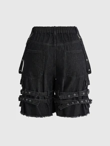 ROMWE Grunge Punk 大尺碼夏季時尚可調式肩帶裝飾牛仔短褲 - 黑色 - 查看 2