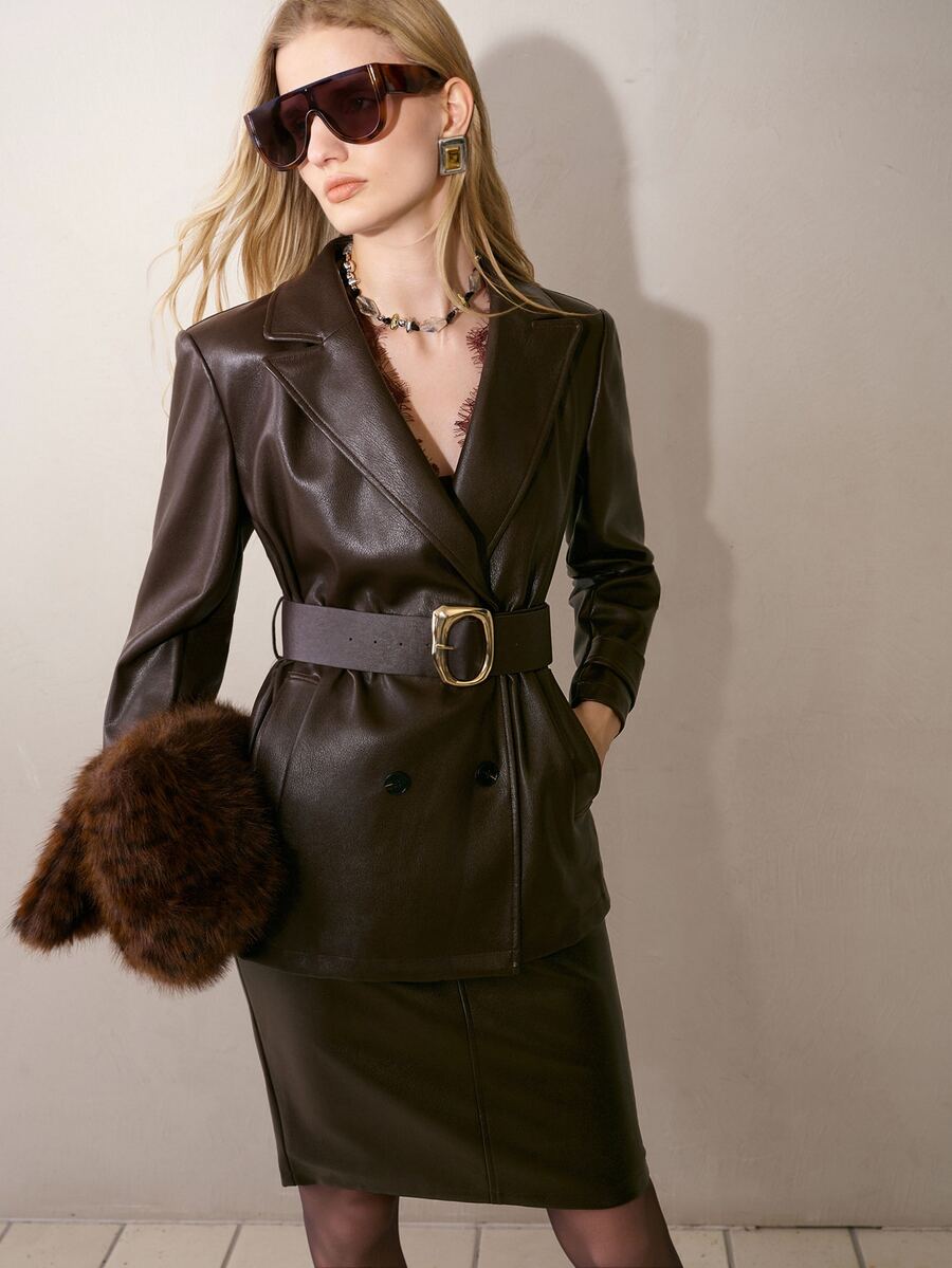 MOTF PREMIUM WOMEN'S PU LEATHER WIDE SHOULDER STRAIGHT SILHOUETTE VINTAGE BLAZER WITH BELT - Coffee Brown - View 1