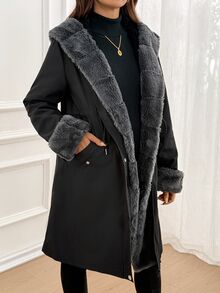 SHEIN Maternity Solid Color Long Sleeve Patchwork Faux Fur Drawstring Waist Hooded Jacket - Multicolor - View 3