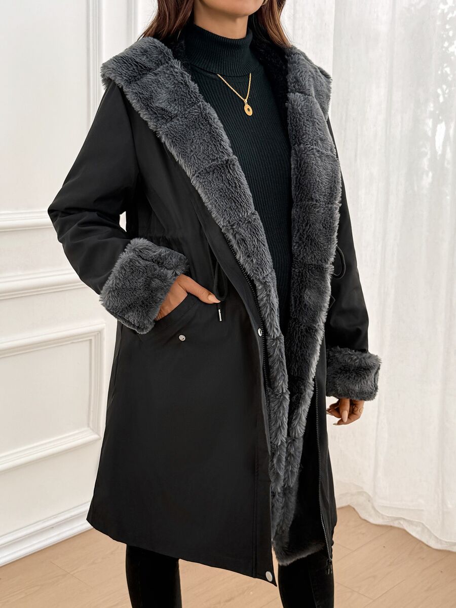 SHEIN Maternity Solid Color Long Sleeve Patchwork Faux Fur Drawstring Waist Hooded Jacket - Multicolor - View 1