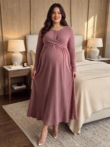 SHEIN Plus Size Long Sleeve Maternity Dress In Dusty Pink, Fuzzy Ribbed Knit, Comfortable Casual Style With Front Buttons, Nursing Friendly, Autumn/Winter - Dusty Pink - View 1