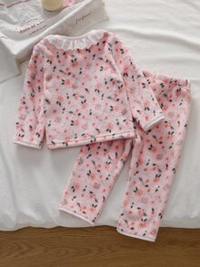 SHEIN 2件組秋冬保暖內裡女嬰居家服，粉色雙面法蘭絨碎花可愛白色蕾絲領長袖上衣與長褲，冬季風格 - 粉色 - 查看 2