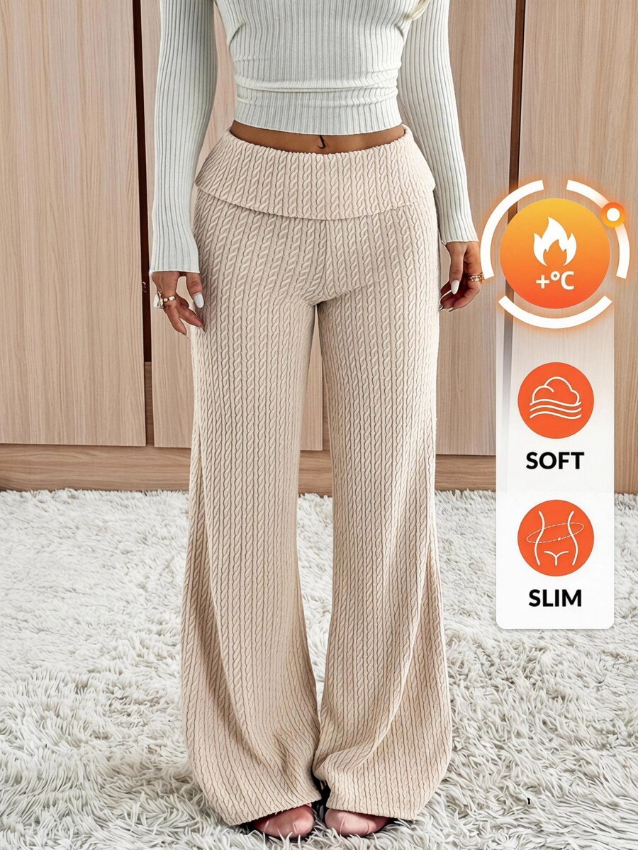 SHEIN EZwear 卡其色針織女款休閒長褲,折疊腰頭設計 - 卡其色 - 查看 1