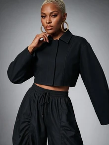 SHEIN Lunessa Mantel Pendek Hitam Wanita - Hitam - View 6