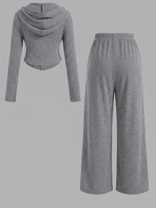SHEIN Tween女孩 2件式純色粉色連帽上衣與長褲套裝，休閒百搭，適合春秋日常穿著 - 灰色 - 查看 2