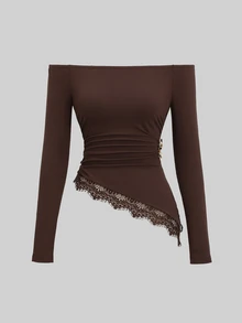 Sweetra Women's Autumn/Winter Off-Shoulder Long Sleeve Top With Split Hem, Lace Trim And Metal Decor Design T-Shirt - Coffee Brown - View 5