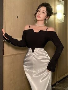 DAZY Autumn/Winter Off-Shoulder Spaghetti Strap Patchwork Slim Fit Cinched Waist Mermaid Skirt Elegant Evening Party Women Set - Black - View 7