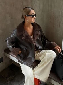 DAZY Autumn/Winter Deep Brown Turn Collar Flight Leather Jacket Lamb Fleece Lining Loose Vintage Street Commute Cool Women's Padded Coat - Coffee Brown - View 1