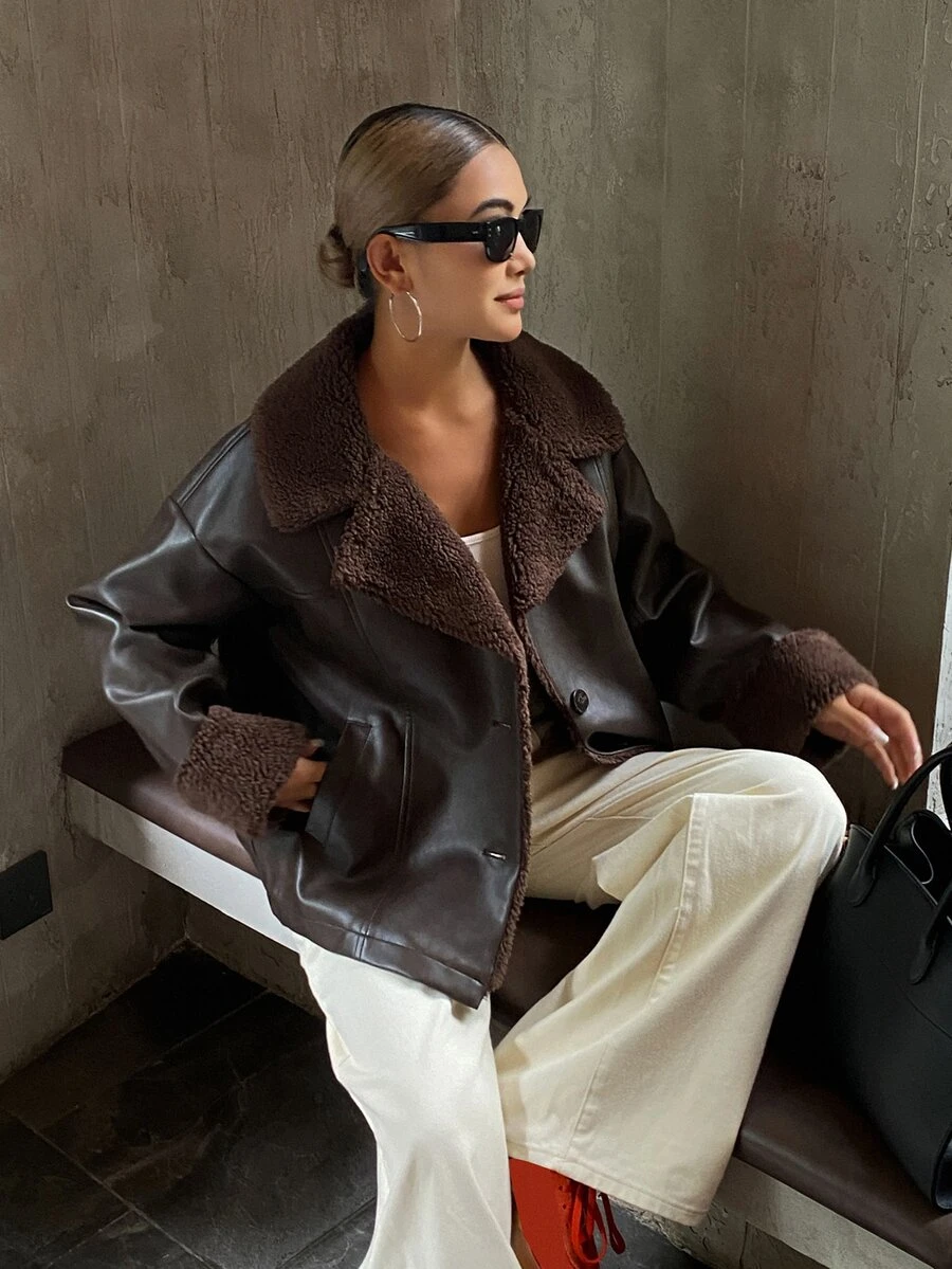 DAZY Autumn/Winter Deep Brown Turn Collar Flight Leather Jacket Lamb Fleece Lining Loose Vintage Street Commute Cool Women's Padded Coat - Coffee Brown - View 1