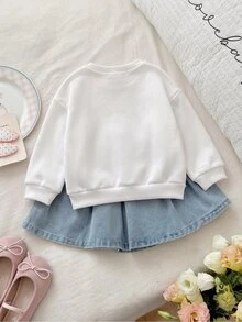 SHEIN Baby Girl Contrast Color Bow Print Cute Fleece Dropped Shoulder Thick Crew Neck Pullover Sweatshirt, Suitable For Winter - White - View 2