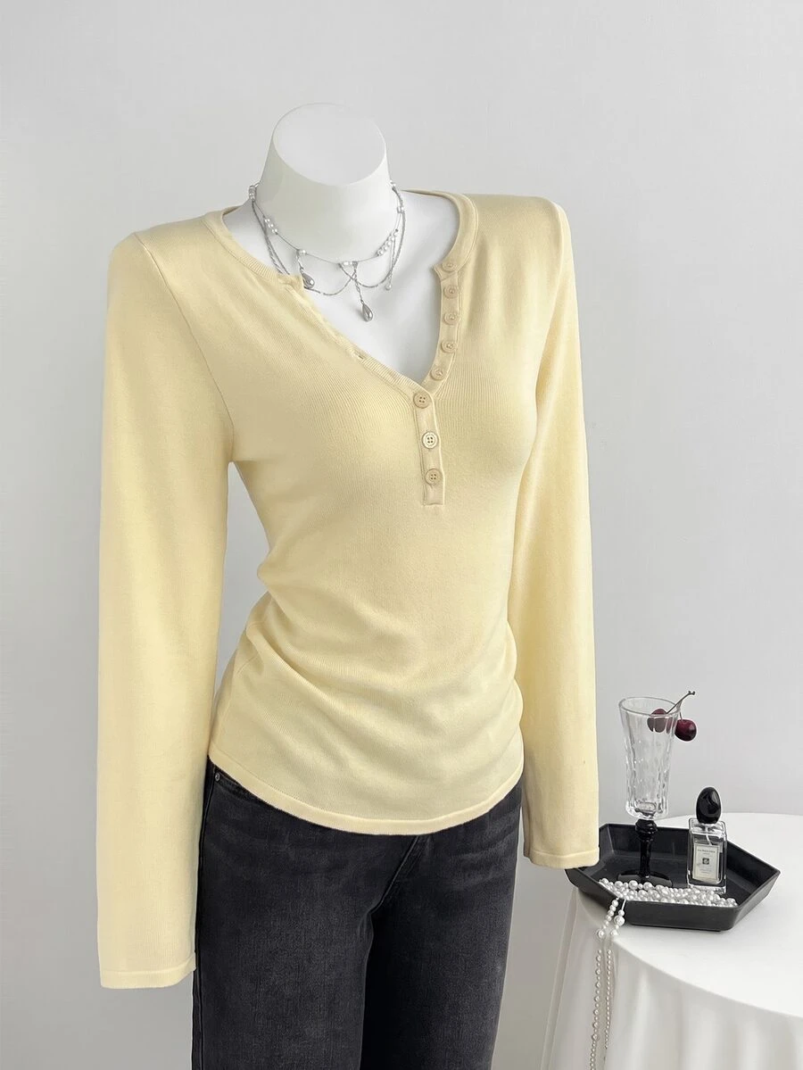 Elamini Women's Autumn Casual Versatile Solid Color Sweater Brunch Pale Yellow - Apricot - View 1