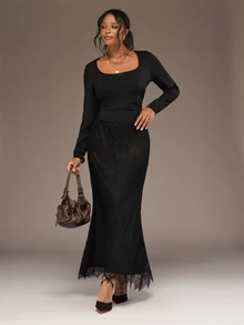 Freevana Plus Size Women's Lace Patchwork Casual Elegant Versatile Skirt Autumn Cocktail Evening Black - Black - View 6