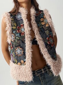 Bohemela Women's Jacquard Patchwork Fuzzy Vest Jacket - Black - View 3