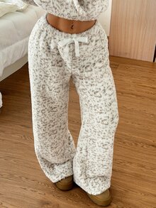 SHEIN EZwear Women's Leopard Print Coral Fleece Long Pants, Winter - Multicolor - View 8