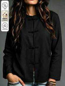 SHEIN Kemeja Kasual Vintage Lengan Panjang Kancing Katak Warna Polos untuk Wanita - Hitam - View 5