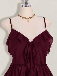 SHEIN ICON Women's Plus Size Ruffle Chiffon Solid Color Front Tie Strap Tank Top - Maroon - View 3
