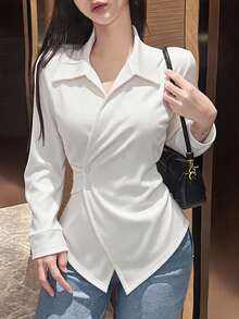 SHEIN 女款修身長袖T恤，羅紋交叉前襟與翻領設計，白色秋季優雅休閒款，適合通勤辦公與約會 - 白色 - 查看 2