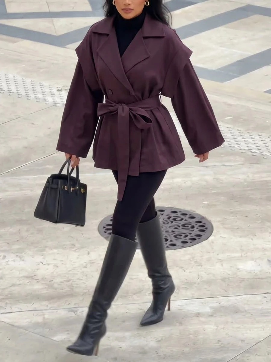 Firerie Women's Solid Color Waist Tie Casual Versatile Daily Long Sleeve Jacket - Red Violet - View 1