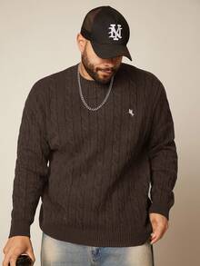 EASEVO Men's Plus Size Casual Long Sleeve Cable Knit Crew Neck Sweater - Coffee Brown - View 4