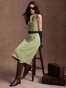 Zovinel Lyocell Wool Fabric Women's Round Neck Button Design Elegant Sleeveless Midi Dress,Back To School, Casual Work,Elegant Fall Summer/Autumn/Winter - Green - View 8