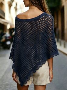 Balvessa Women's Solid Color Asymmetrical Shoulder Casual Daily Knit Top - Navy Blue - View 2