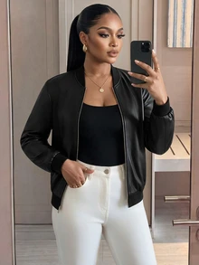 SHEIN Lady CURVE Áo khoác thời trang đa năng cổ bóng chày màu trơn cho nữ size lớn - màu đen - Xem 5