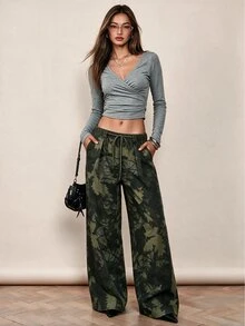Rina Fox Leaf Print Elastic Waist Drawstring Wide Leg Pants, Casual Loose High Waist Flowy Trousers - Army Green - View 6