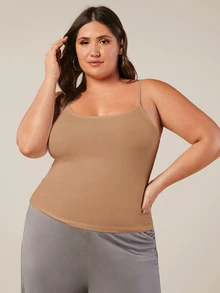 SHEIN BASICS 大尺碼純色細肩帶背心上衣 夏季女款穿搭上衣 - 卡其色 - 查看 5