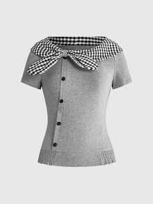 ROMWE Kawaii Women's Back To School Season Collegiate Style Navy Cute Japanese Button-Up Top With Plaid Patchwork Scarf Slim Fit T-Shirt - Grey - View 1