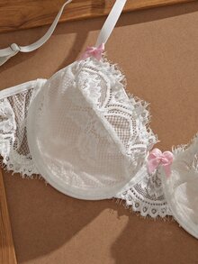 Myrelith 1pc Sweet Style White Lace Bra With Pink Bow, Exquisite Women's Lingerie - White - View 4