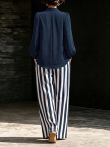 SHEIN 女款黑色長袖上衣與條紋長褲休閒套裝，日常通勤上班穿搭，秋季兩件套，亞麻套裝，黑白配色，老錢風 - 藏蓝色 - 查看 2