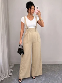 GlowEve CURVE Plus Size Women Solid Color Button Design Pocket Wide Leg Overalls Fall - Khaki - View 4