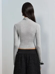 MERLEAU Women's Slim Fit Heather Grey Ruched Twist Halter Cutout Long Sleeve Top, Solid Sexy Style For Autumn Night Out Date Night Blouses, Fall Tops - Grey - View 2