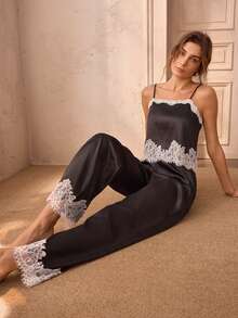 Charlaine Lace Patchwork Faux Silk Camisole & Long Pants Women's Pajama Set - Black - View 4