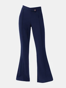 Girlism Teen Girls Elegant Solid Color Comfortable Asymmetrical Waist Flare Pants - Navy Blue - View 5