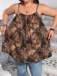SHEIN CURVE+ 大尺碼女款夏季休閒寬鬆抓皺 - 棕色 - 查看 5