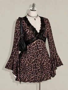 SHEIN ICON Plus Size Women's Lace Patchwork Leopard Print Dress - Multicolor - View 3